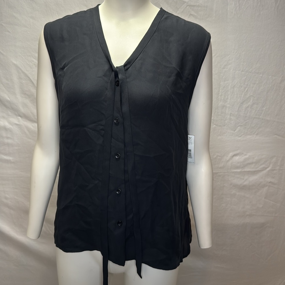 NWT! DKNY City Chic Sleeveless Button Up Silk Blouse with Neckline Tie
